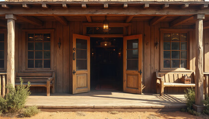Saloon entrance in old western town has wooden porch. Swinging doors are open and benches stand near windows. Classic retro style building is rustic, traditional.