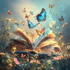 Open Book with Butterflies and Flowers Digital Illustration, Pastel Colors, Nature Concept Book illustration, Fantasy art   high resolution   for isolate image
