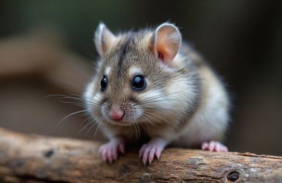 Close up photo of dwarf hamster on wooden branch. Small rodent with grey and brown fur. Adorable animal with black eyes and pink nose. Pet portrait in nature. - Powered by Adobe