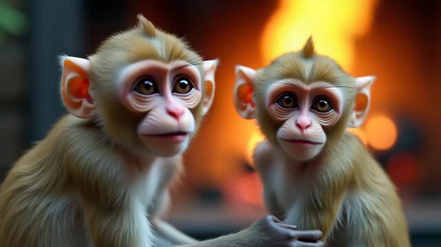 Two adorable monkeys interact affectionately in a cozy setting with warm light, showcasing their playful bond and social behavior in a natural environment during the evening