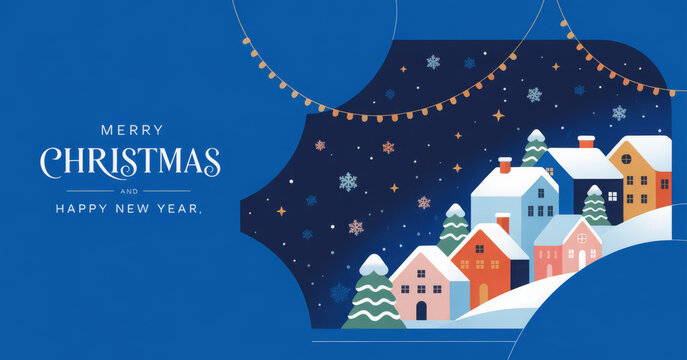 Festive Christmas village illustration houses in winter landscape with snow vector design for holiday greeting card and background