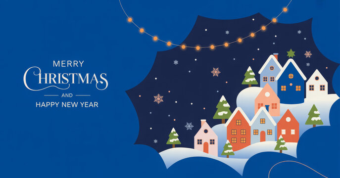 Festive Christmas village illustration with houses trees and snowflakes against a dark blue background perfect for holiday greeting cards and seasonal designs - Powered by Adobe