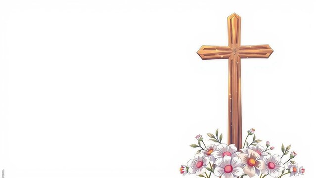 Minimal memorial card design with a wooden cross and soft pastel flowers, leaving large blank space for custom text and condolences.