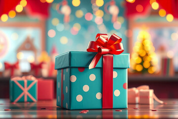 Nostalgic blue gift box with holiday retro patterns. A vibrant holiday card