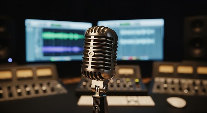 A close-up shot of a professional condenser microphone with a pop filter in a modern recording studio. - Powered by Adobe