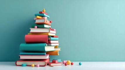Creative christmas tree made of books and decorations against a blue background - Powered by Adobe