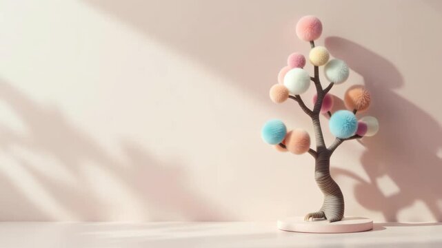 Whimsical yarn pom-pom tree sculpture on minimalist soft pink background