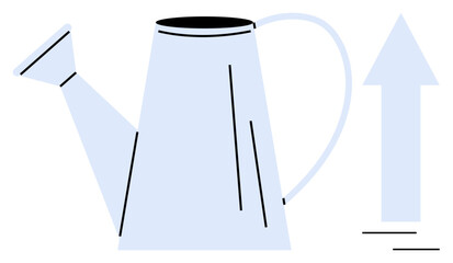 Watering can with handle and spout beside upward arrow representing growth, innovation, and success. Ideal for business, education, motivation, sustainability, nurturing, personal growth simple flat