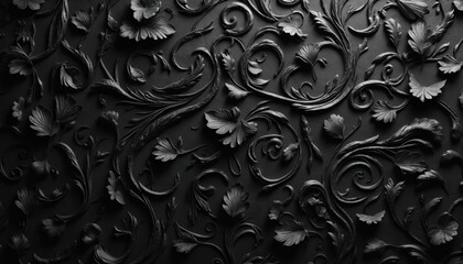 Dark floral ornament on black backdrop. Abstract swirls, stylized flowers create seamless victorian pattern. Art nouveau style with monochromatic textured background. Elegant vintage motif for design