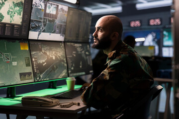 Military early warning systems operator in command center monitoring incoming enemy aerial attacks. Middle Eastern army agent maintains air space superiority with radar during armed conflict