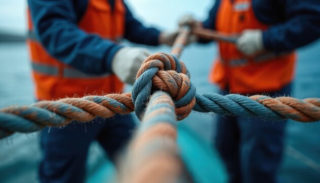 Two crew members in orange vests tie boat rope tightly. Work together on ship deck, ensuring safety. Strong knot secures marine line. Sailors moor large vessel with teamwork, showing collaboration,