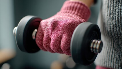 Glove grips dumbbell, fitness closeup