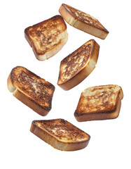 Assorted Slices of Golden Brown Toast Floating in Midair Against a Transparent Background