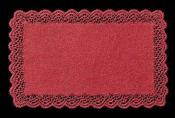 Red fabric rectangular lace placemat on black background