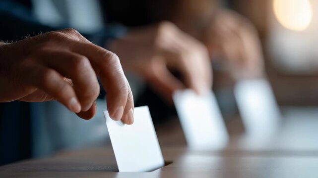 Man hand inserting ballot paper into poll box. Voting day process election democracy concept.