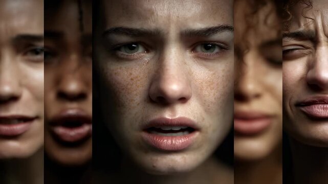 Multiple face expressions of a girl displayed in strips, showcasing surprise, anger, and sadness for psychological study