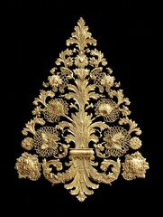 Ornate gold filigree floral tree ornament on black background