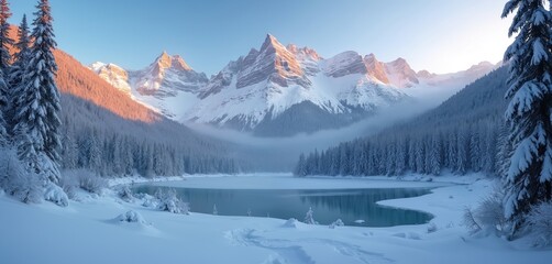 Frozen lake at scenic winter. Mountains are covered by snow. Spruce trees covered with snow. Calm winter landscape. Vacation and holidays in nature. Peace and quiet nature scene. Winter season.