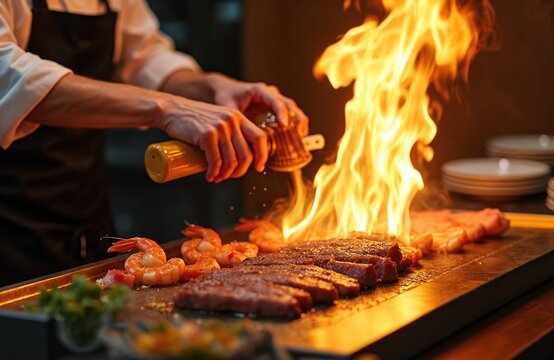 Chef prepares meal at Japanese restaurant teppanyaki grill. Flambe cooking with meat, shrimp, vegetables. Culinary professional saute food in fire flames. Oriental cuisine, tasty traditional recipe,