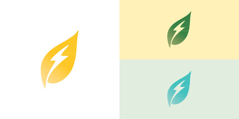 Green energy logo concept featuring leaves and lightning bolts showcasing renewable power and sustainable technology, vibrant and minimalist design for eco-friendly brands
