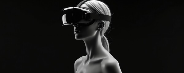 Blonde woman in VR headset on black background. Person wears virtual reality glasses. Female user interacts with digital world. Modern tech for entertainment. Futuristic concept in studio