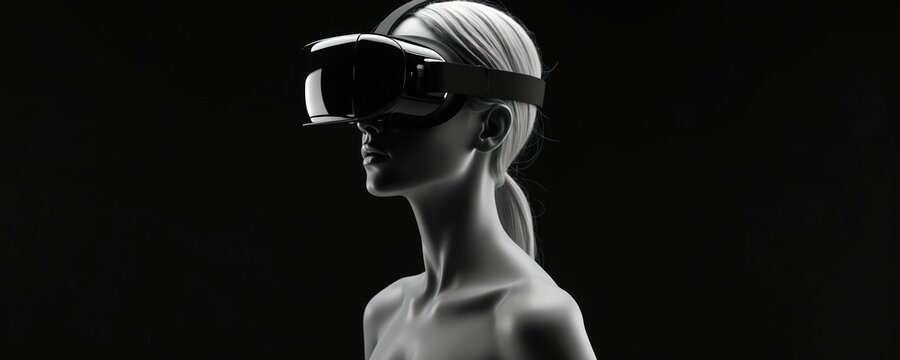 Blonde woman in VR headset on black background. Person wears virtual reality glasses. Female user interacts with digital world. Modern tech for entertainment. Futuristic concept in studio