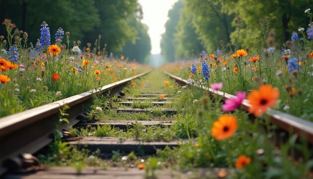 Wildflowers bloom along overgrown train tracks with trees lining path. Nature reclaims abandoned railway, showing growth, transformation. Colorful flora carpets ground. Peaceful, scenic view of