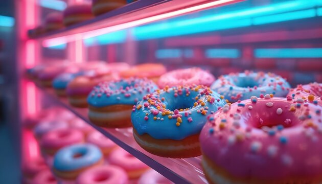 Rows of donuts shine under neon lights. Pink and blue colors create bright mood. Donuts with frosting and sprinkles are very sweet and tasty dessert in bakery shop.