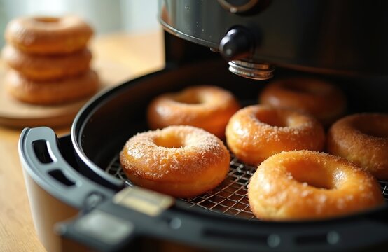 Golden brown donuts cook in an air fryer basket. Several round pastries are covered in sugar. A stack of donuts sits blurred in background. Home baking delicious snack.