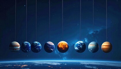 Hanging planets above earth represent educational astronomy concept and idea of cosmic balance and exploration trend. This universe scene inspires curiosity about space science