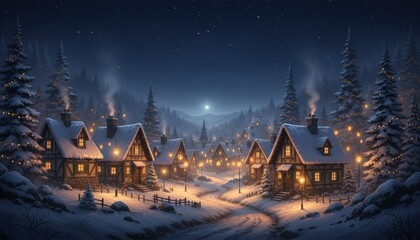 Snowy village under moonlight with cozy cottages decorated with Christmas lights creating festive winter holiday atmosphere in peaceful mountain landscape