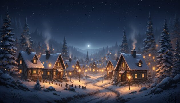 Snowy village under moonlight with cozy cottages decorated with Christmas lights creating festive winter holiday atmosphere in peaceful mountain landscape