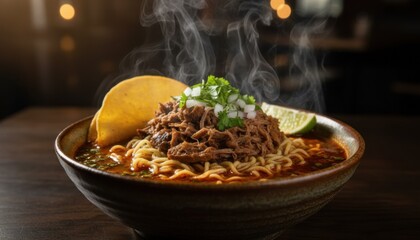 Birria ramen trend unites Mexican flavor traditions with viral fusion noodle culture. Steaming bowl represents street food creativity shaping global cuisine
