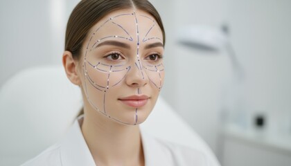 A client prepares for aesthetic mapping with facial guides for targeted treatment planning. The scene reflects skincare trends influencing beauty routines
