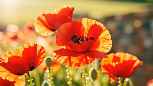 Close-up of a field of bright red and orange poppies. Strong backlit sunlight creates a magical, warm glow. The flowers sway gently.
