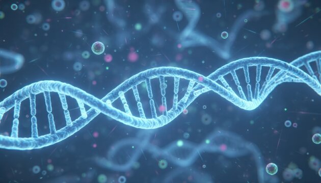 DNA helix floating in soft blue light symbolizes science, research and biotech innovation. Image fits concept of genetics, medicine and futuristic discovery moment