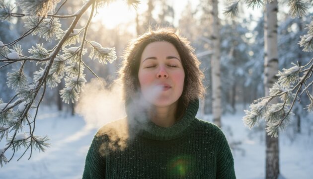 A person enjoying winter air in a snowy forest conveys themes of seasonal change mindfulness and connection with nature. It can relate to Nordic landscapes and moments of peaceful outdoor reflection