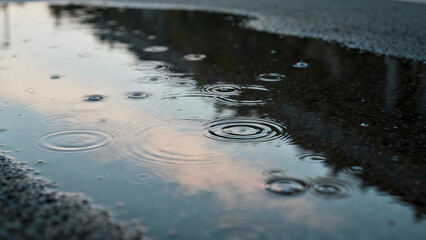 Fototapeta premium Raindrops on a Puddle at Dusk