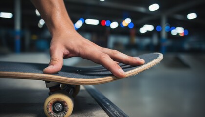 A close view of skateboard grip and hand highlights concepts of balance, practice and dynamic movement in urban sport. The scene matches skate trend, indoor park energy and youth expression