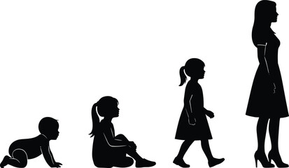 Female life evolution silhouette from baby to woman, growing stages illustration perfect for education, childhood development, family concept and vector design projects
