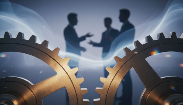 Large gears in the foreground symbolize coordinated effort and mechanical precision in industry. The silhouettes of professionals suggest cooperation trends and aligned business goals