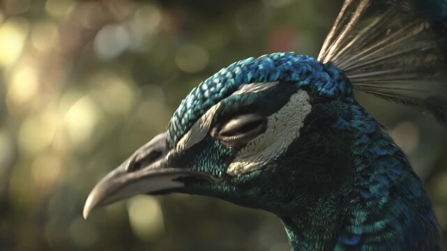 A vibrant peacock displays its striking blue feathers, showcasing its detailed plumage beautifully. The peacock's blue feathers and remarkable plumage highlight its elegance in the