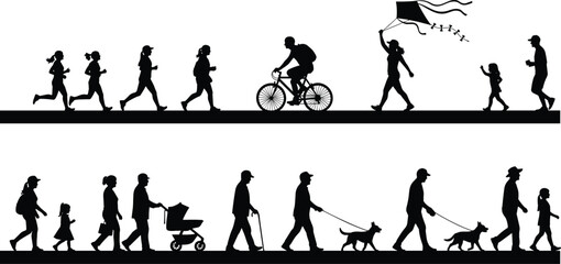 Outdoor activity silhouette collection showing running, walking, cycling, kite flying, family moments, perfect for lifestyle illustration, creative design, vector projects