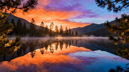 Fototapeta premium Mystic Lake Sunrise with Reflective Water