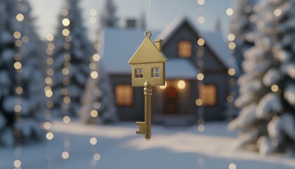 Golden house shaped key hangs in front of snowy home with festive lights symbolizing new home purchase or winter holiday move in