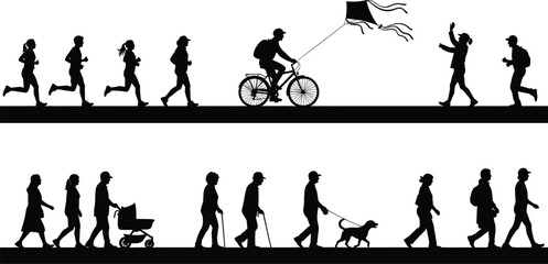 Outdoor silhouette collection showing running, walking, cycling, kite flying, family activity scenes, perfect for lifestyle illustration, fitness design, creative vector projects