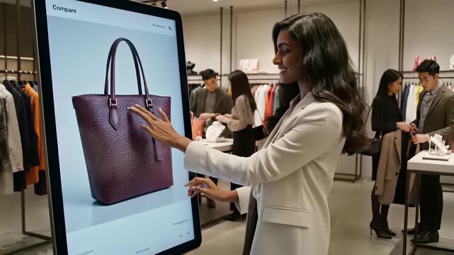 Female Professional Holding Handbag in Front of Fashionable Handbag Display, Perfect for Innovative Marketing Strategies and Cutting Edge Product Presentations, Ideal Stock Media Asset for.