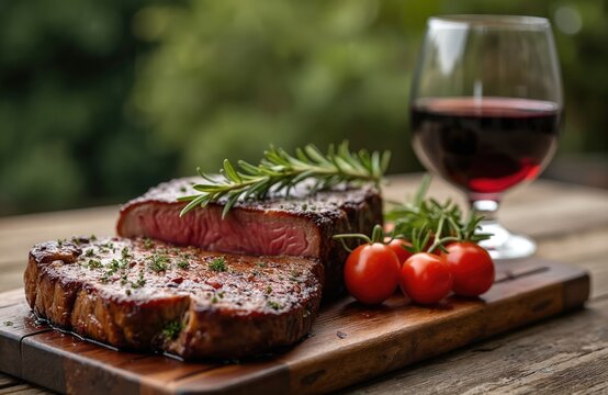 Juicy grilled steak sliced on wood board with fresh tomatoes and rosemary. Glass of red wine complements this delicious meal. Perfect for outdoor dining and celebration.