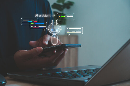 AI assistant interaction, Virtual assistant apps, smart support systems, machine learning, digital communication concept. Person using smartphone chatbot powered by artificial intelligence.