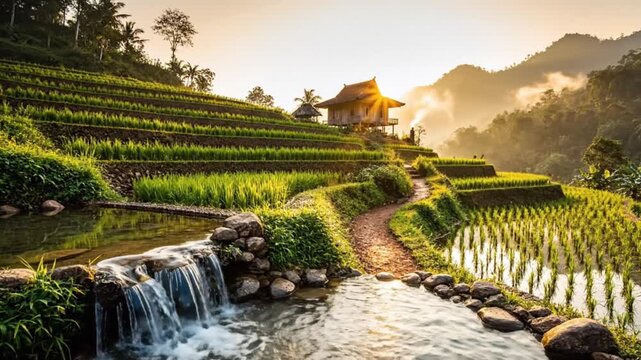 a peaceful rural landscape at sunrise